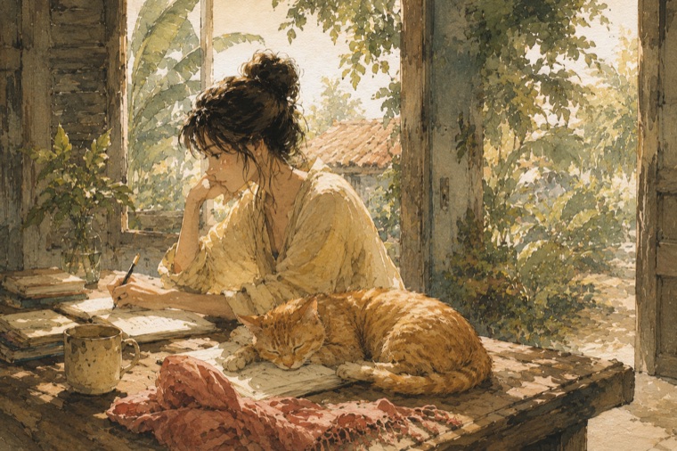 Cocoyellow Village — a watercolor scene of Anna writing with Coco the cat