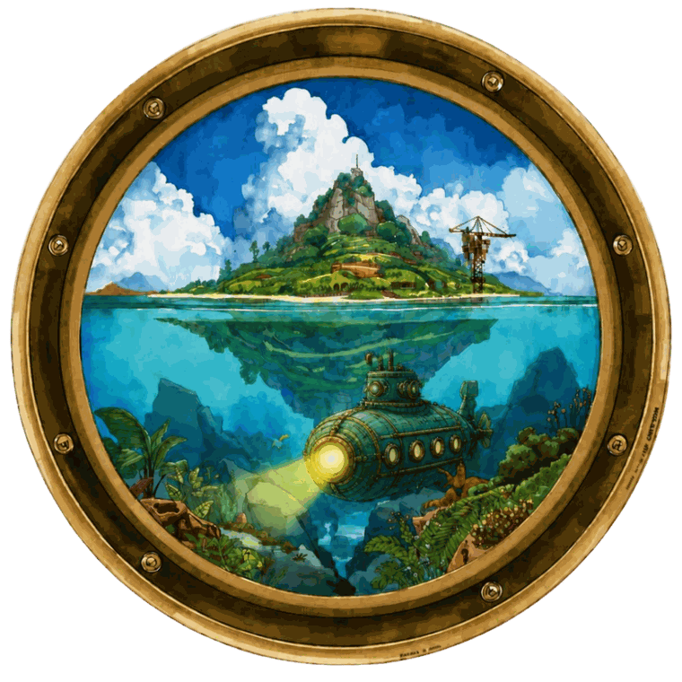 HanChoco World — island with a submarine and glowing light, seen through a brass porthole